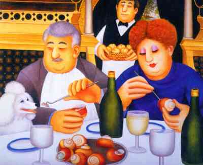 "Escargot Pour Trois" by Beryl Cook. Feeding the poodle at the dining table